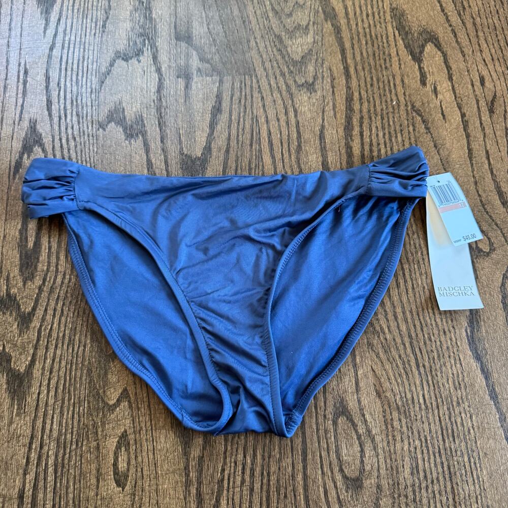 Badgley Mischka Womens Blue Gray Ruched Bikini Brief Swim Suit Bottom Size 12